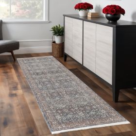 8' Blue And Red Floral Power Loom Stain Resistant Runner Rug