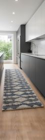 8' Ivory Gray And Blue Chevron Power Loom Stain Resistant Runner Rug