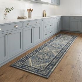 8' Blue Tan And Black Geometric Power Loom Distressed Stain Resistant Runner Rug