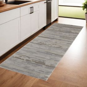 8' Runner Brown and Ivory Abstract Power Loom Distressed Runner Rug