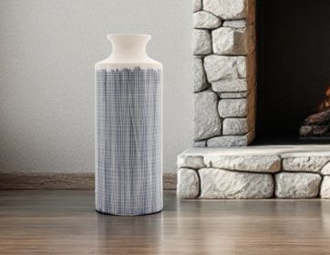 19.25" Terracotta Blue and White Striped Round Floor vase
