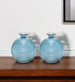 Set of Two 6" Blue Glass Round Table Vases