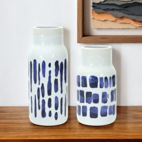 Set Of Two 10" Ceramic Blue and White Round Table vase
