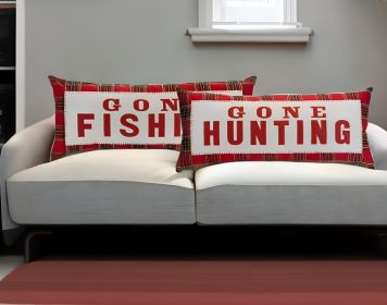 Set of Two Red and White Plaid Polyester Blend Throw Pillow