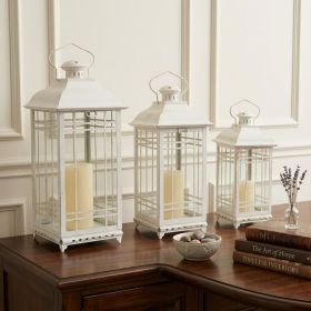 Set of Three Ivory Metal Mirrored Floor Lantern Candle Holders