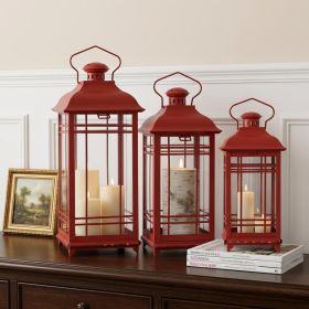 Set Of Three Red Flameless Floor Lantern Candle Holder