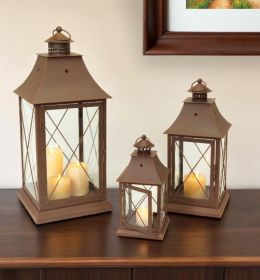 Set Of Three Brown Flameless Floor Lantern Candle Holder