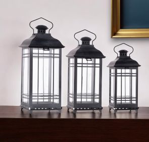 Set of Three Gray Metal Mirrored Floor Lantern Candle Holders