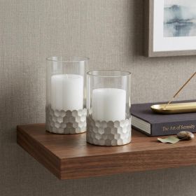 Set of Two Clear and Silver Glass Geometric Tabletop Pillar Candle Holders