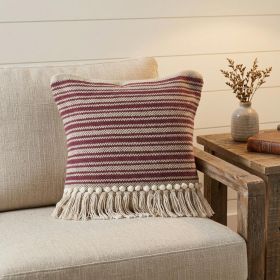 20" X 20" Maroon Red And Off-White 100% Cotton Striped Zippered Pillow