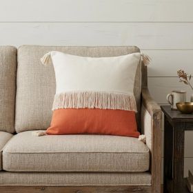 20" X 20" Orange And Off-White 100% Cotton Zippered Pillow