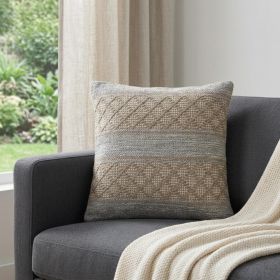 20" X 20" Beige And Grayish Blue 100% Cotton Geometric Zippered Pillow