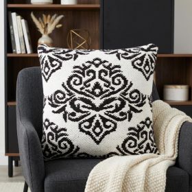 20" X 20" White And Black 100% Cotton Damask Zippered Pillow