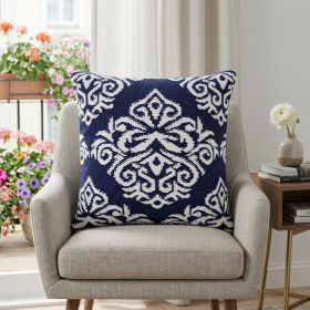 20" X 20" Blue And White 100% Cotton Damask Zippered Pillow