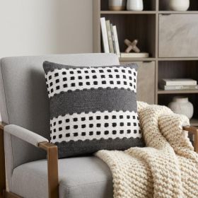 20" X 20" Black Gray And White 100% Cotton Striped Zippered Pillow