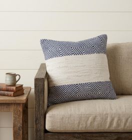 18" X 18" Blue And Ivory 100% Cotton Striped Zippered Pillow