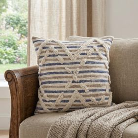18" X 18" Blue and Beige Striped Cotton Zippered Pillow