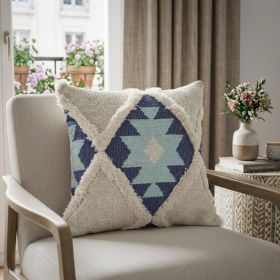 20" X 20" Blue And Cream 100% Cotton Geometric Zippered Pillow