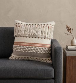 18" X 18" Beige and Red Striped Cotton Zippered Pillow With Fringe