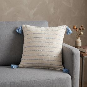 20" X 20" Denim Blue And Ivory 100% Cotton Striped Zippered Pillow
