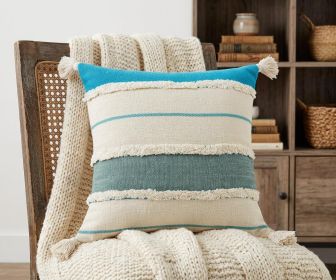 20" X 20" Aqua Jade Turquoise And White 100% Cotton Striped Zippered Pillow
