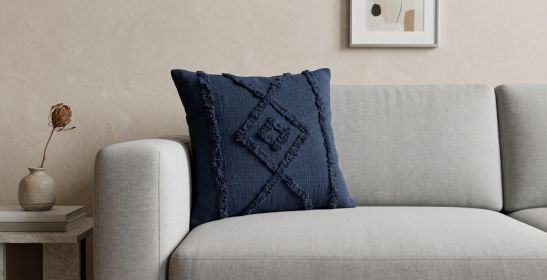 20" X 20" Navy And Dark Blue 100% Cotton Geometric Zippered Pillow