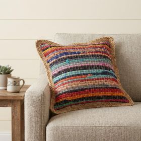 20" X 20" Tan Red Blue Yellow And Orange 100% Cotton Geometric Zippered Pillow