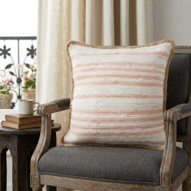 20" X 20" Coral Pink White And Tan 100% Cotton Striped Zippered Pillow
