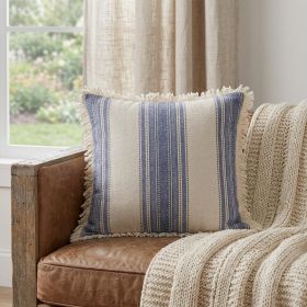 18" X 18" Navy Blue And Ivory 100% Cotton Coastal Zippered Pillow