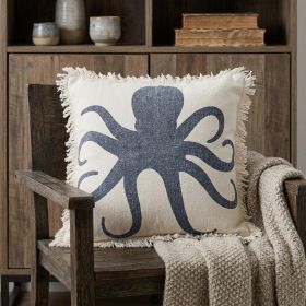 18" X 18" Cream And Charcoal Navy 100% Cotton Coastal Zippered Pillow