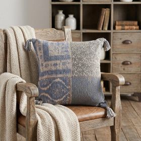 20" X 20" Blue And Beige Chenille Patchwork Zippered Pillow