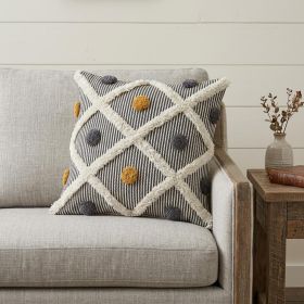 20" Gray Ivory and Yellow Striped Cotton Throw Pillow With Texture