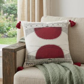 20" X 20" White Black And Burgundy 100% Cotton Geometric Zippered Pillow