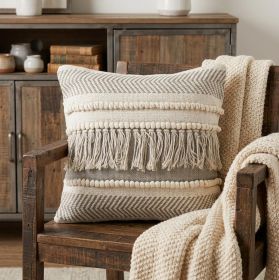 20" X 20" Beige and Ivory Chevron Cotton Zippered Pillow With Fringe