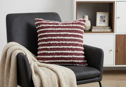 20" X 20" Maroon And Cream 100% Cotton Striped Zippered Pillow