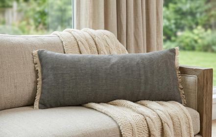 14" X 36" Gray And Off-White 100% Cotton Zippered Pillow