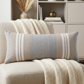 14" X 36" Beige and Gray Striped Cotton Zippered Pillow