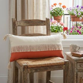 14" X 36" Orange And Off-White 100% Cotton Zippered Pillow