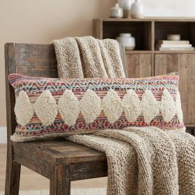 14" X 36" Off-White Red Blue Orange And Green 100% Cotton Striped Zippered Pillow