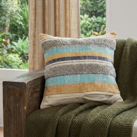 14" X 36" Orange Turquoise Gray Blue And White 100% Cotton Striped Zippered Pillow