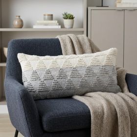 14" X 36" Heathered Gray And Off-White 100% Cotton Geometric Zippered Pillow
