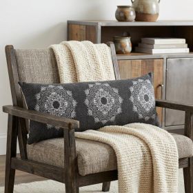 14" X 36" Jet Black And White 100% Cotton Geometric Zippered Pillow
