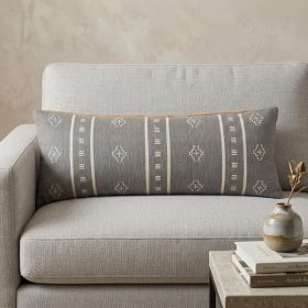 14" X 36" Frost Gray And Cream 100% Cotton Geometric Zippered Pillow