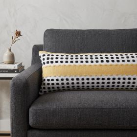 14" X 36" Yellow Black And White 100% Cotton Striped Zippered Pillow