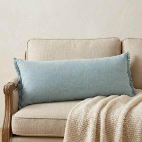 14" X 36" Light Blue Cotton Throw Pillow With Fringe