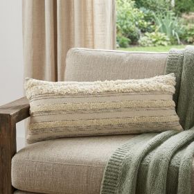 14" X 36" Cream Gray And Gold 100% Cotton Striped Zippered Pillow