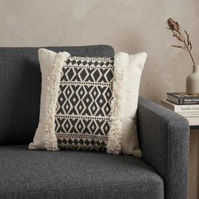 18" X 18" Tan and Black Geometric Cotton Zippered Pillow With Shag