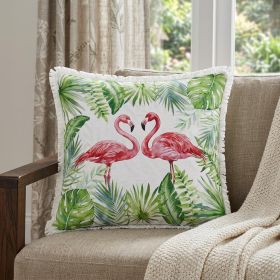 20" X 20" Coral Pink And Green Bird Polyester Animal Print Zippered Pillow