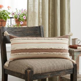 14" X 36" Brown And Off-White 100% Cotton Striped Zippered Pillow