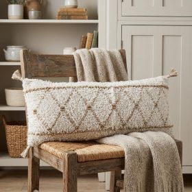 14" X 36" White And Tan 100% Cotton Geometric Zippered Pillow